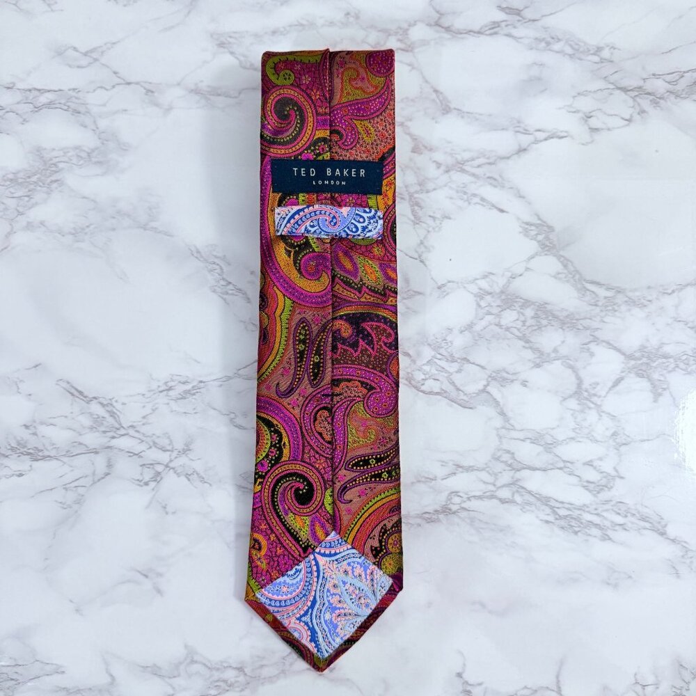 Ted Baker London 100% Silk Paisley Necktie Pink Gold Mustard Made In USA Retro - Picture 9 of 11